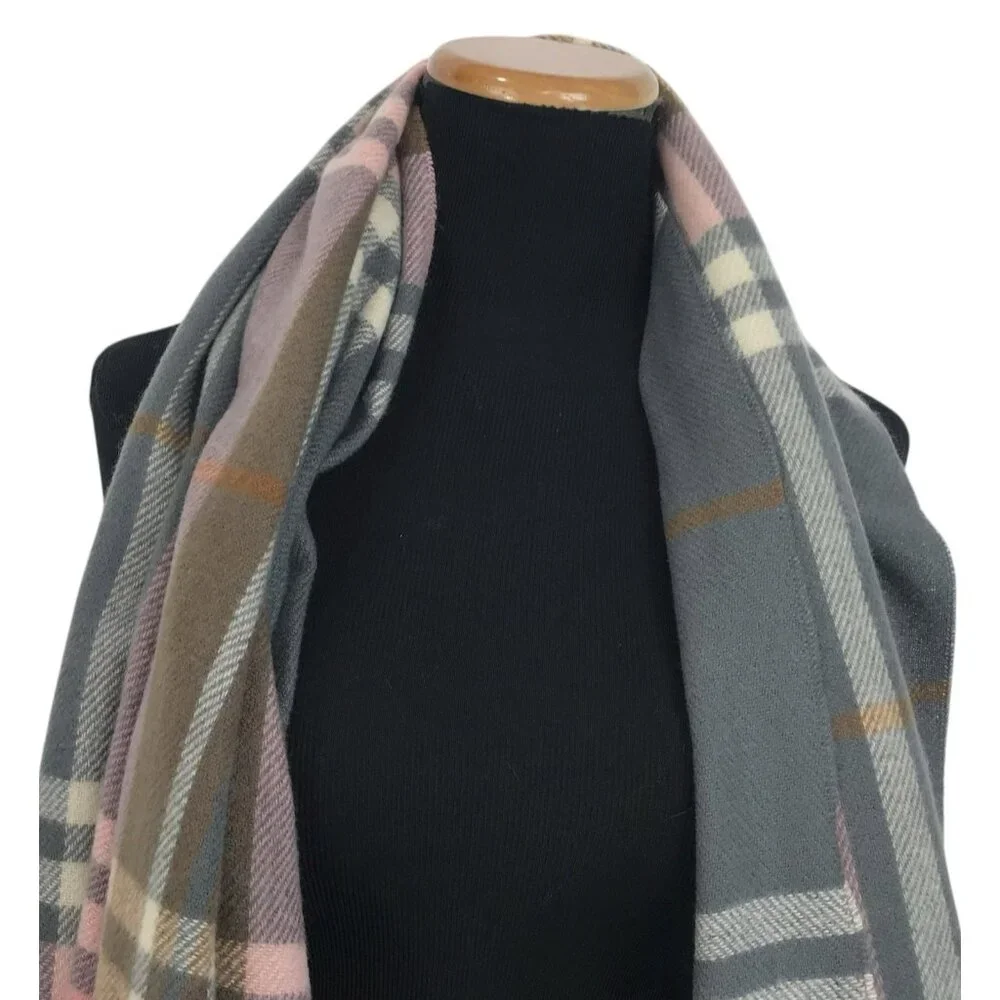 G‎ Scarf Wrap With Pom Poms Pink Gray Plaid Fringe